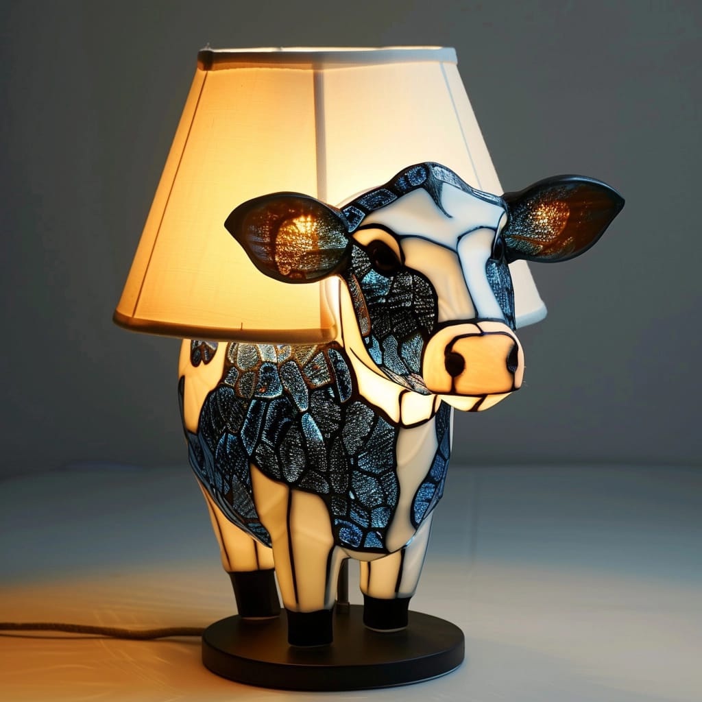 Håndlavet Highland-ko Bordlampe i Farvet Glas – Unik Kunstnerisk Boligindretning og Gave