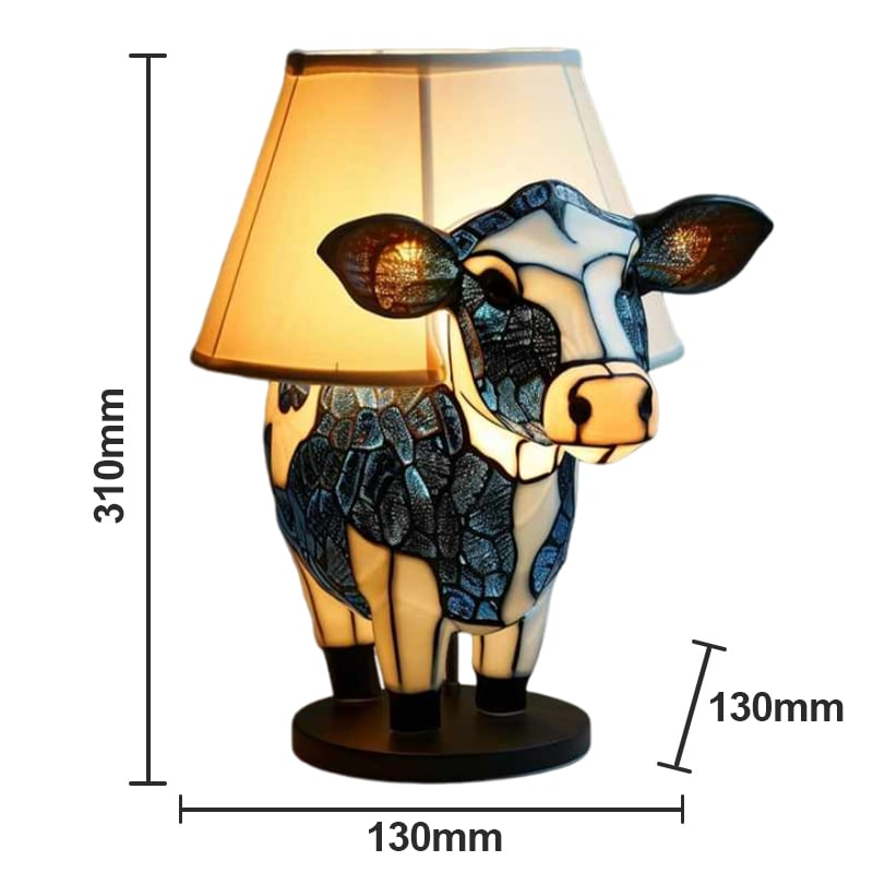 Håndlavet Highland-ko Bordlampe i Farvet Glas – Unik Kunstnerisk Boligindretning og Gave