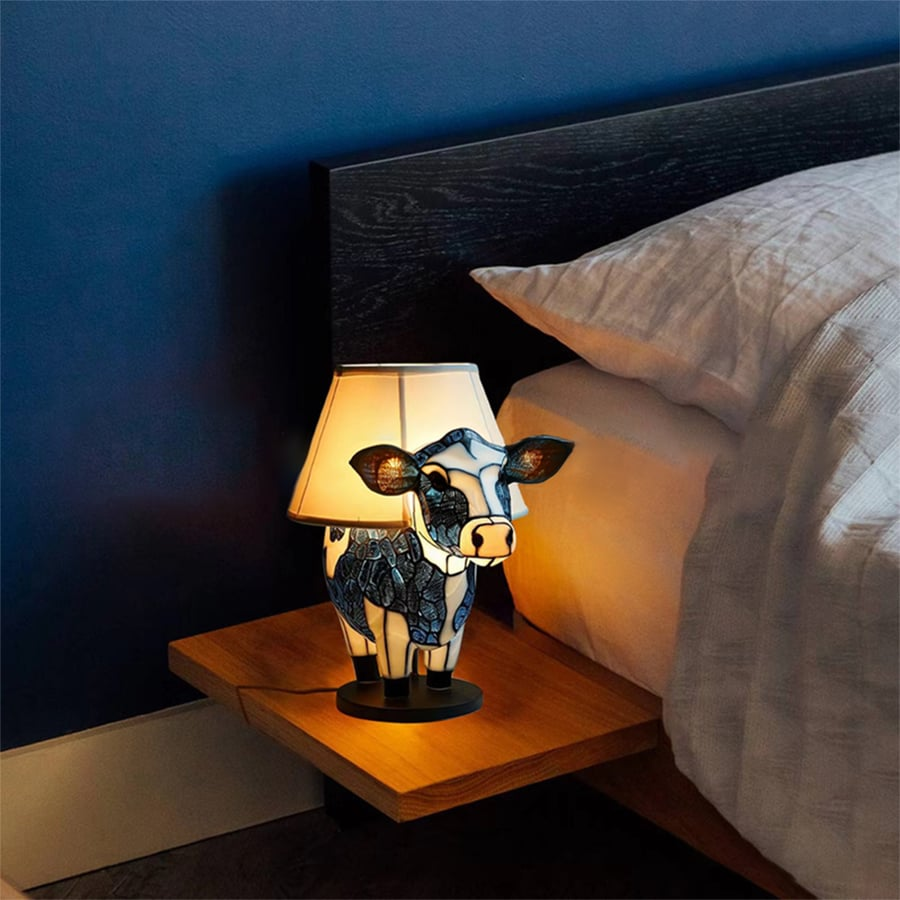 Håndlavet Highland-ko Bordlampe i Farvet Glas – Unik Kunstnerisk Boligindretning og Gave