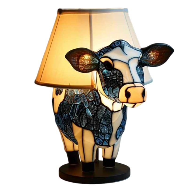Håndlavet Highland-ko Bordlampe i Farvet Glas – Unik Kunstnerisk Boligindretning og Gave